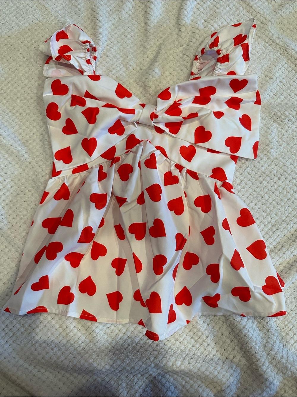 White & Red Heart Print Bow-Front Peplum Blouse